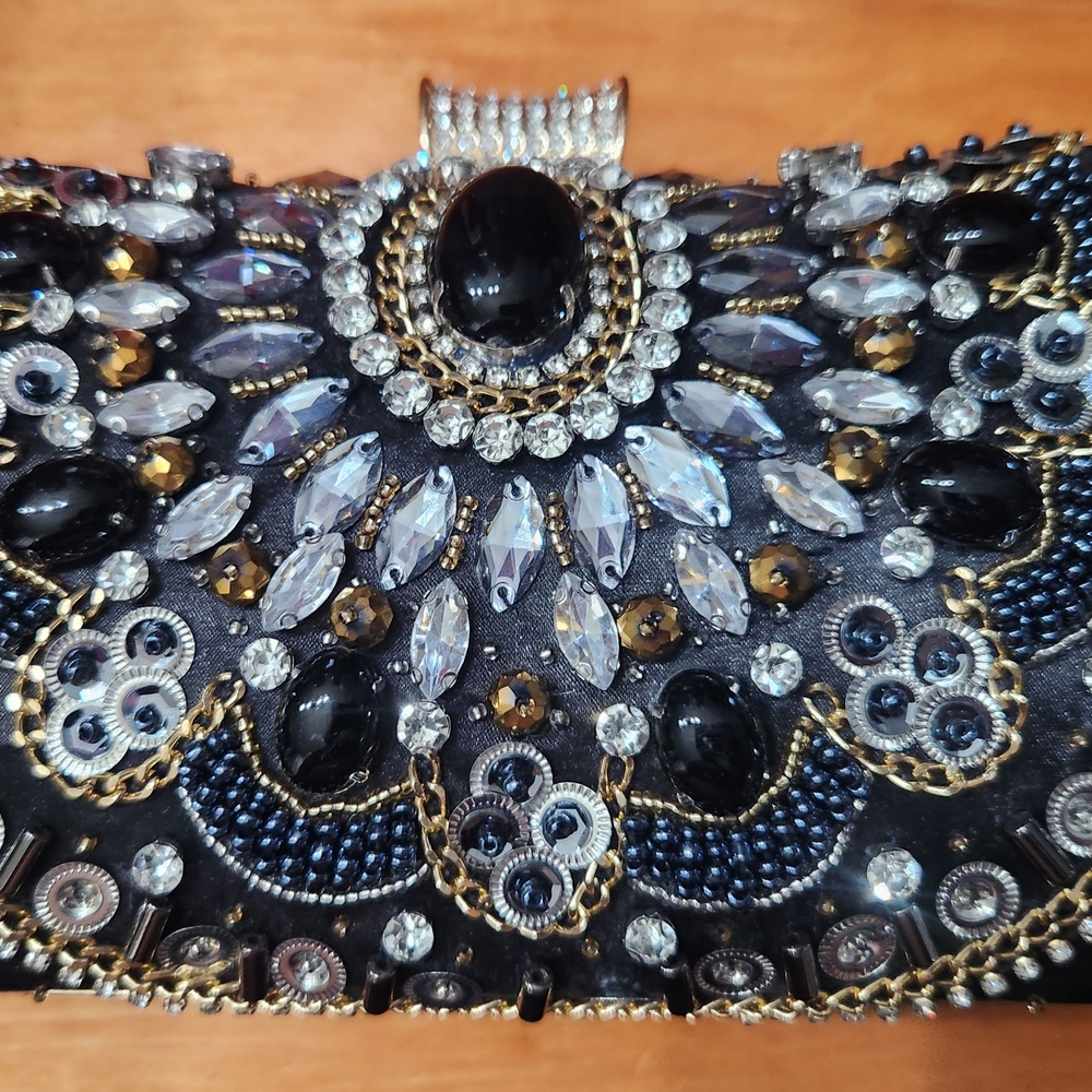 NEW Amazon Black and Gold Embellished Clutch